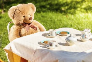 teddy bear sitting at yard and having english breakfast