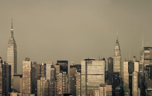 A monochromatic New York City skyline on a grungy morning