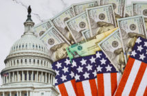 U.S. Capitol, stimulus checks, money and American flag