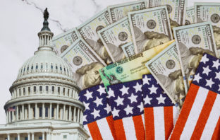 U.S. Capitol, stimulus checks, money and American flag