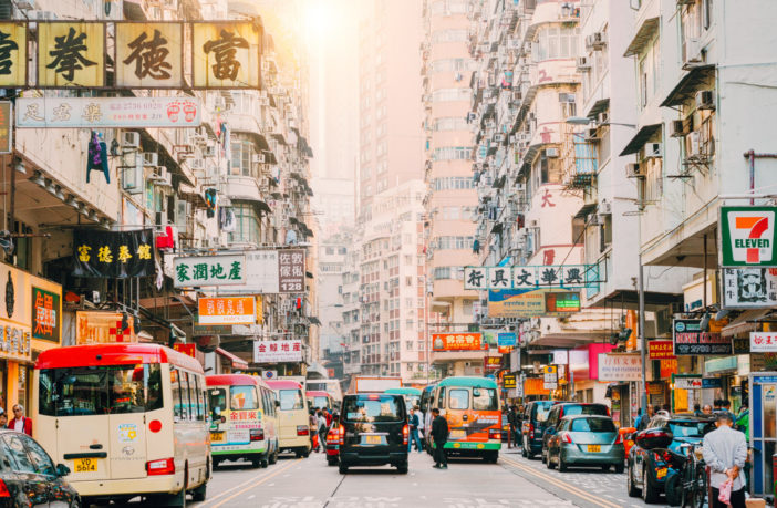 Hong Kong Street Scene, Mongkok District with busses