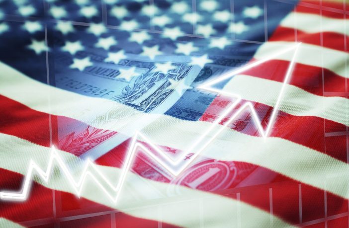 United States flag and U.S. currency with upward arrow